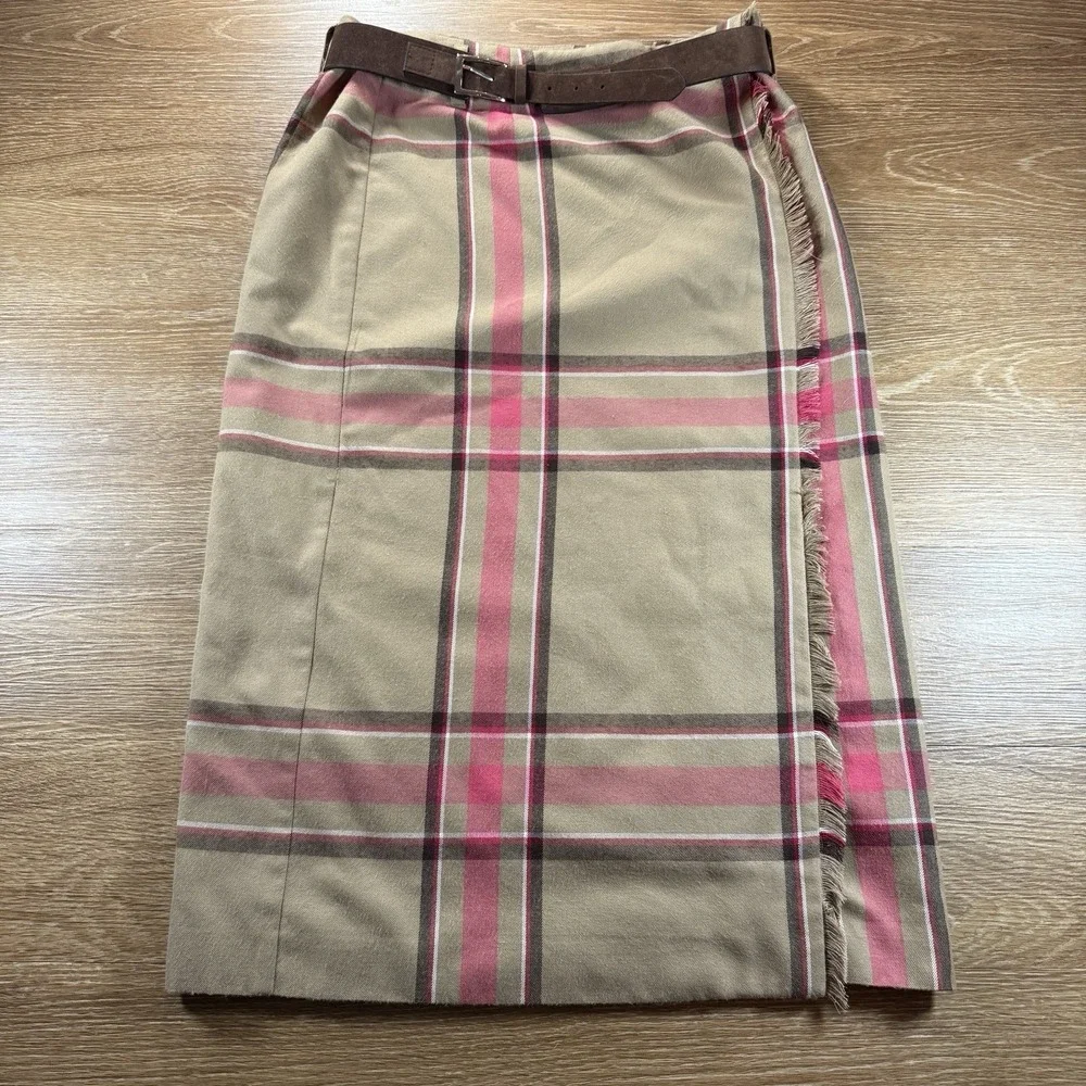 Evan Picone Vintage Y2K Plaid Skirt Women's 10 Pink Tan Fringe Midi Belted Fall - Picture 2 of 7